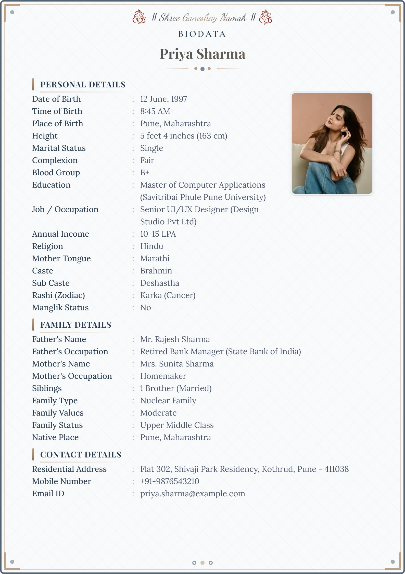Wedding biodata format for girl sample 2